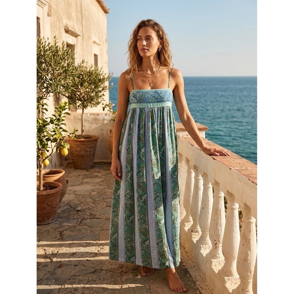 Boteh Calla Paisley Maxi Dress Blue Green Cotton Viscose Sz 1 Australian Design